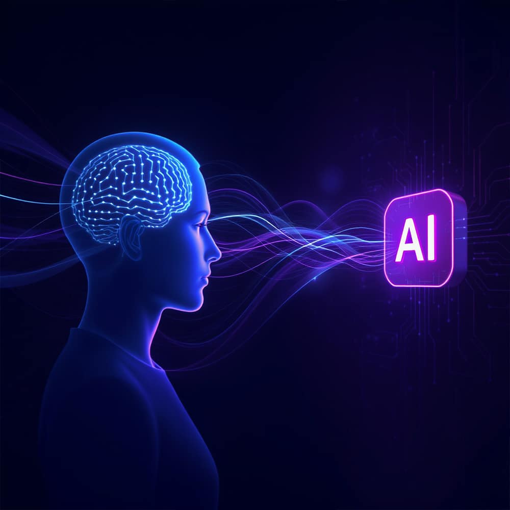 Trularity concept image symbolizing AI Prompt Loyalty, with a human brain connected to an AI icon through glowing neural waves.