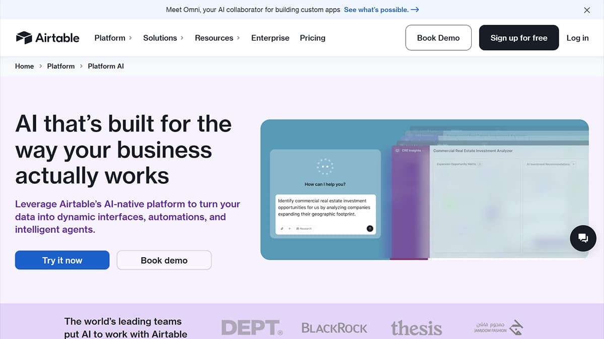Screenshot of Airtable Platform AI webpage with the headline ‘AI that’s built for the way your business actually works’ and subtext promoting Airtable’s AI-native platform for dynamic interfaces, automations, and intelligent agents. Includes buttons for ‘Try it now’ and ‘Book demo,’ alongside an illustration of an AI assistant analyzing commercial real estate investment opportunities.