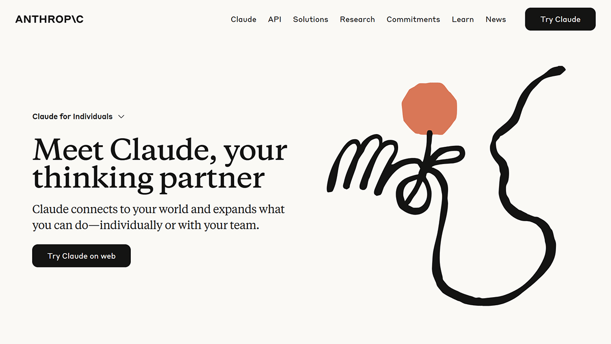 Screenshot of Anthropic’s Claude AI homepage with the headline ‘Meet Claude, your thinking partner’ and subtext about connecting and expanding capabilities. Includes a ‘Try Claude on web’ button and abstract line art of a hand holding an orange flower.
