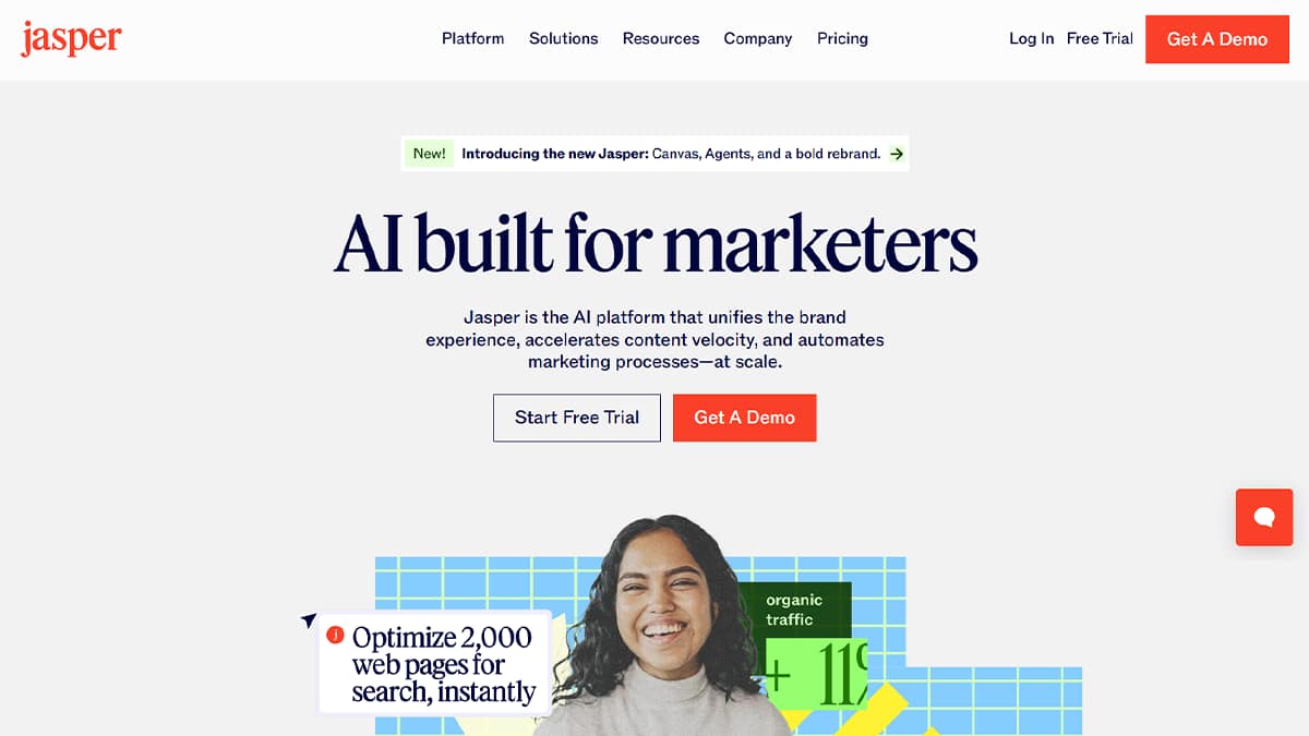 Screenshot of Jasper AI homepage with the headline ‘AI built for marketers’ and subtext describing how Jasper unifies brand experience, accelerates content velocity, and automates marketing processes. Includes buttons for ‘Start Free Trial’ and ‘Get A Demo,’ plus a promotional graphic showing a smiling woman and text reading ‘Optimize 2,000 web pages for search, instantly.’