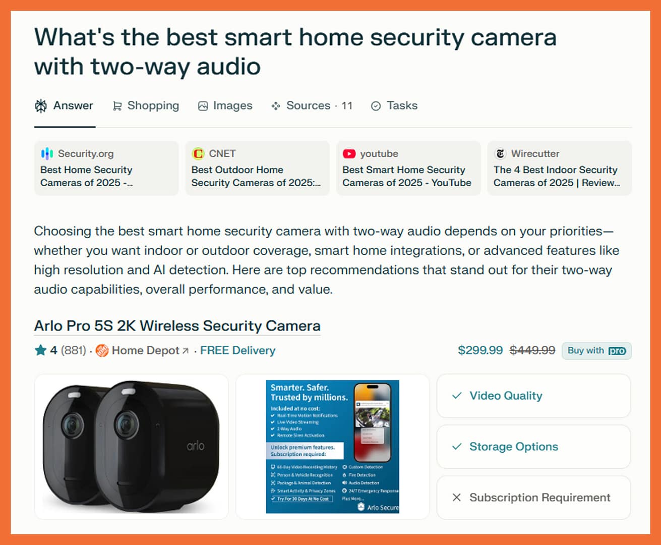 Screenshot of Perplexity AI answering the question "What’s the best smart home security camera with two-way audio?" — showing how to rank on Perplexity by offering clear specs, trusted sources, and product credibility.