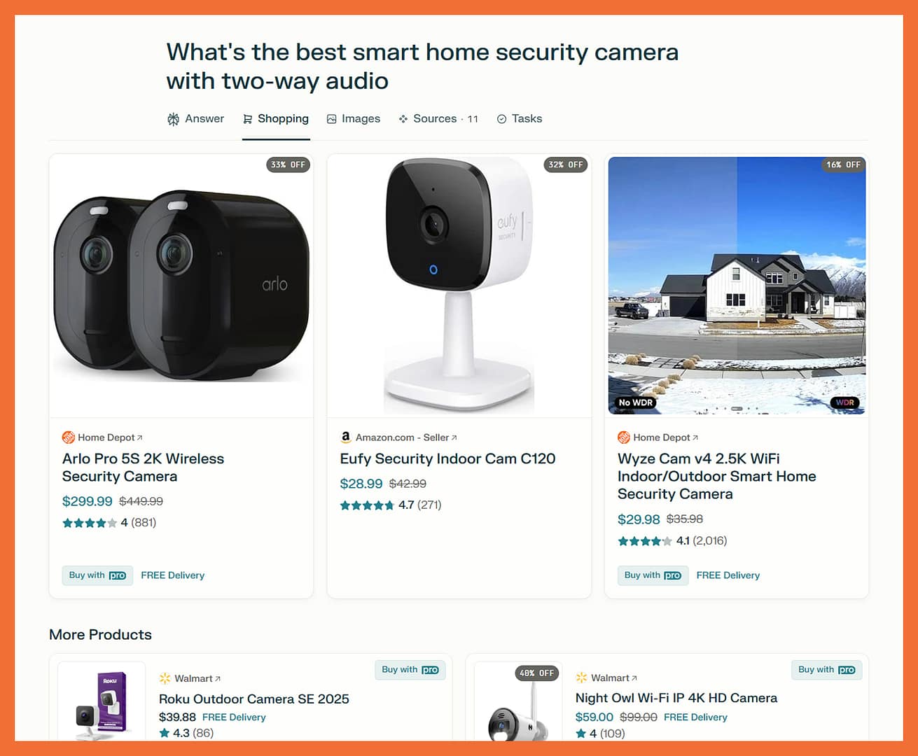 Screenshot of Perplexity AI’s shopping results for smart home security cameras with two-way audio, featuring products from Arlo, Eufy, Wyze, and more, including prices, ratings, and vendors like Home Depot, Amazon, and Walmart.