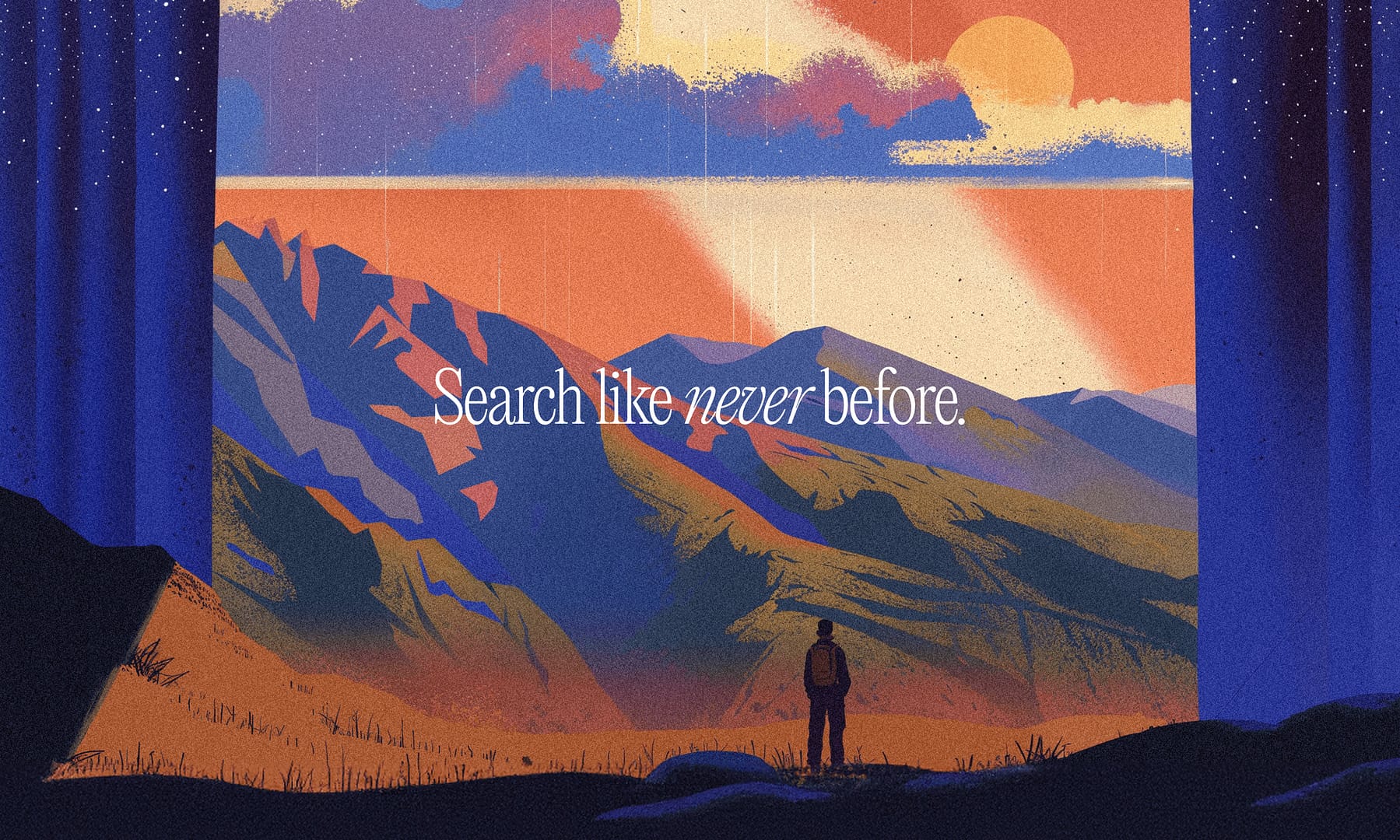 Illustration of a person standing before a surreal mountain landscape at sunrise with the words "Search like never before" — representing the evolving nature of online discovery and how to rank on Perplexity.