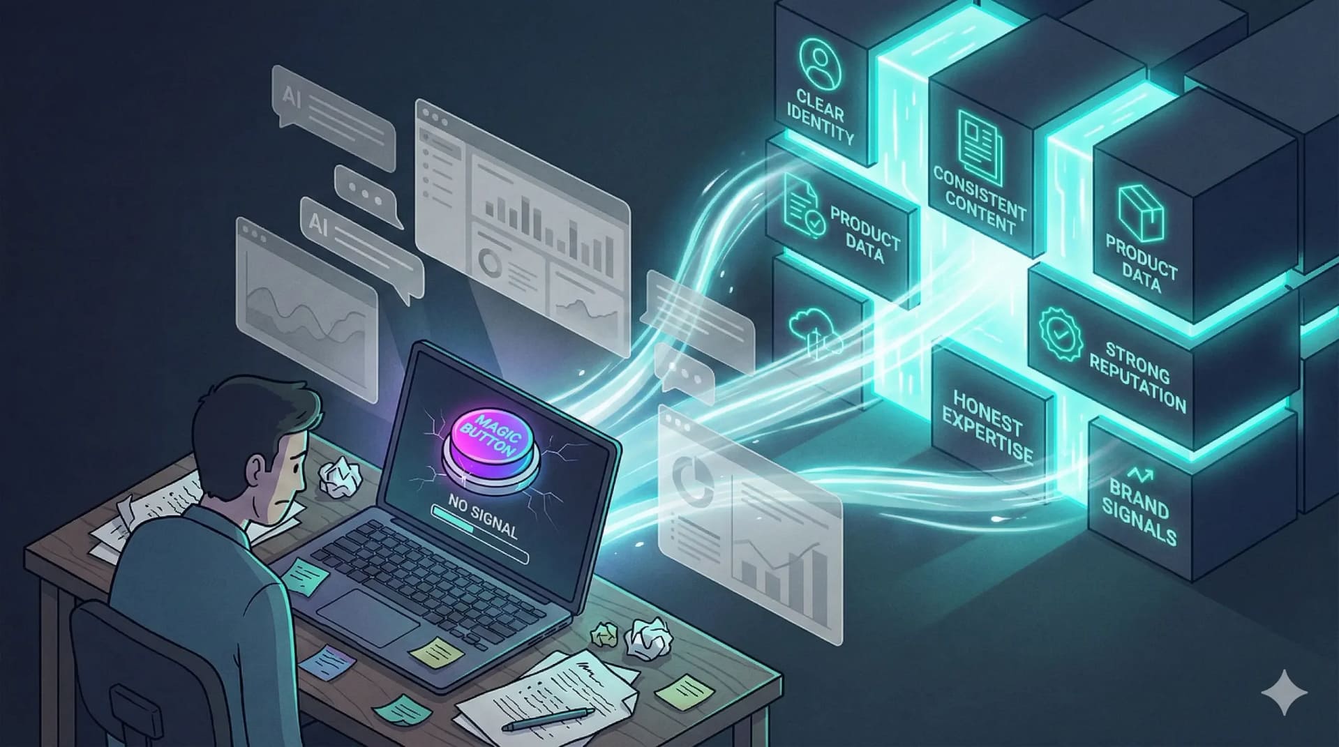 Illustration showing a frustrated marketer staring at a laptop with a glowing “Magic Button” labeled “No Signal,” while streams of data bypass him and flow into a glowing wall of brand fundamentals—clear identity, consistent content, product data, honest expertise, strong reputation, and brand signals. The image represents Trularity’s view that even the best LLM optimizer can’t replace strong brand signals.