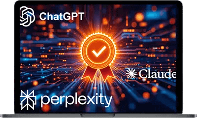 Illustration showing AI trust signals, with logos of ChatGPT, Perplexity, and Claude surrounding a glowing badge with a checkmark, symbolizing trust and credibility in generative AI search.