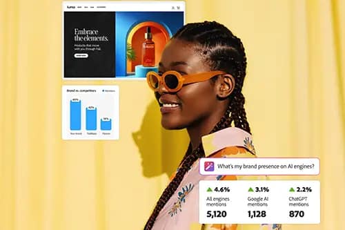 A woman in bright orange sunglasses stands against a yellow backdrop, with floating UI elements showing brand-visibility analytics, including competitor comparison charts and AI-engine mention counts. The visuals suggest tracking brand presence across ChatGPT, Google AI, and other AI search engines.
