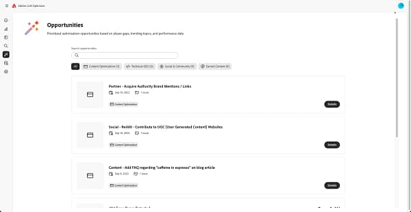 Adobe LLM Optimizer Opportunities dashboard showing prioritized optimization recommendations, including content optimization, technical GEO tasks, and authority-building actions based on performance gaps and trends.
