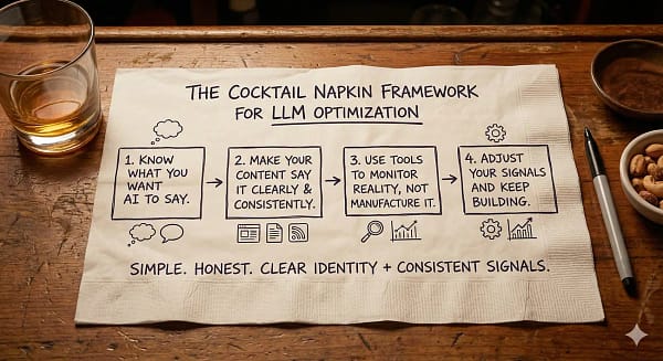 A cocktail napkin on a bar shows a hand-drawn four-step framework for LLM optimization: know what you want AI to say, make your content say it clearly and consistently, use tools to monitor reality rather than manufacture it, and adjust your signals as you keep building. The scene reinforces Trularity’s belief that even the best LLM optimizer works only when a brand has clear identity and consistent signals.