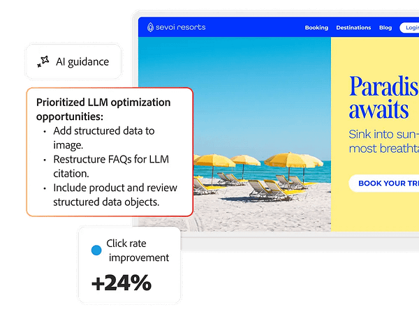 Screenshot of a beach resort website with yellow umbrellas on white sand, accompanied by an “AI guidance” panel. The panel lists prioritized LLM optimization opportunities such as adding structured data, restructuring FAQs for citation, and including product and review schema. A metric below shows a +24% click rate improvement.
