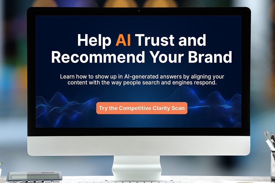 Computer screen displaying a call to action for the Competitive Clarity Scan tool with the headline "Help AI Trust and Recommend Your Brand" and a button that says "Try the Competitive Clarity Scan.