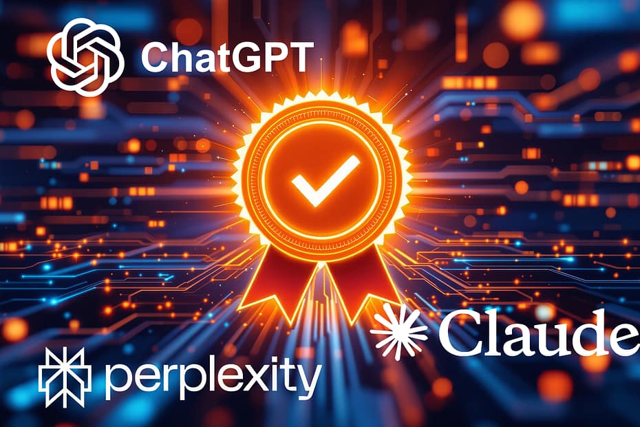 Illustration showing AI trust signals, with logos of ChatGPT, Perplexity, and Claude surrounding a glowing badge with a checkmark, symbolizing trust and credibility in generative AI search.