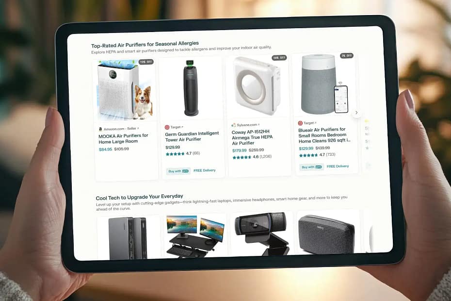 Screenshot of a tablet showing AI-generated shopping results for top-rated air purifiers for seasonal allergies, including products from Amazon, Target, and Sylvane with prices, star ratings, and seller information—demonstrating how brands appear first in AI search based on trust signals.